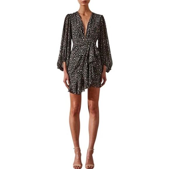 Shona Joy Buell Plunged Mini Dress US 4 Animal Cheetah Print Long Sleeve EUC - Picture 3 of 9